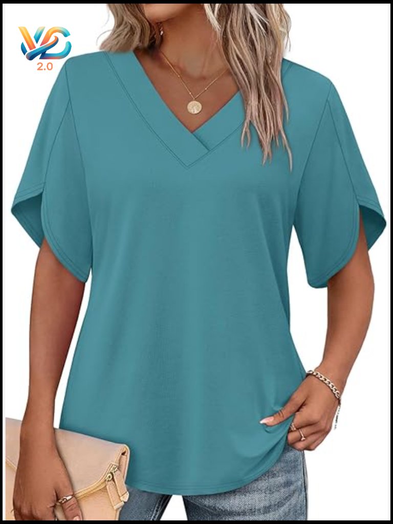Short Petal Sleeve V-Neck T-Shirt Flattering Blouse Casual Summer Staple